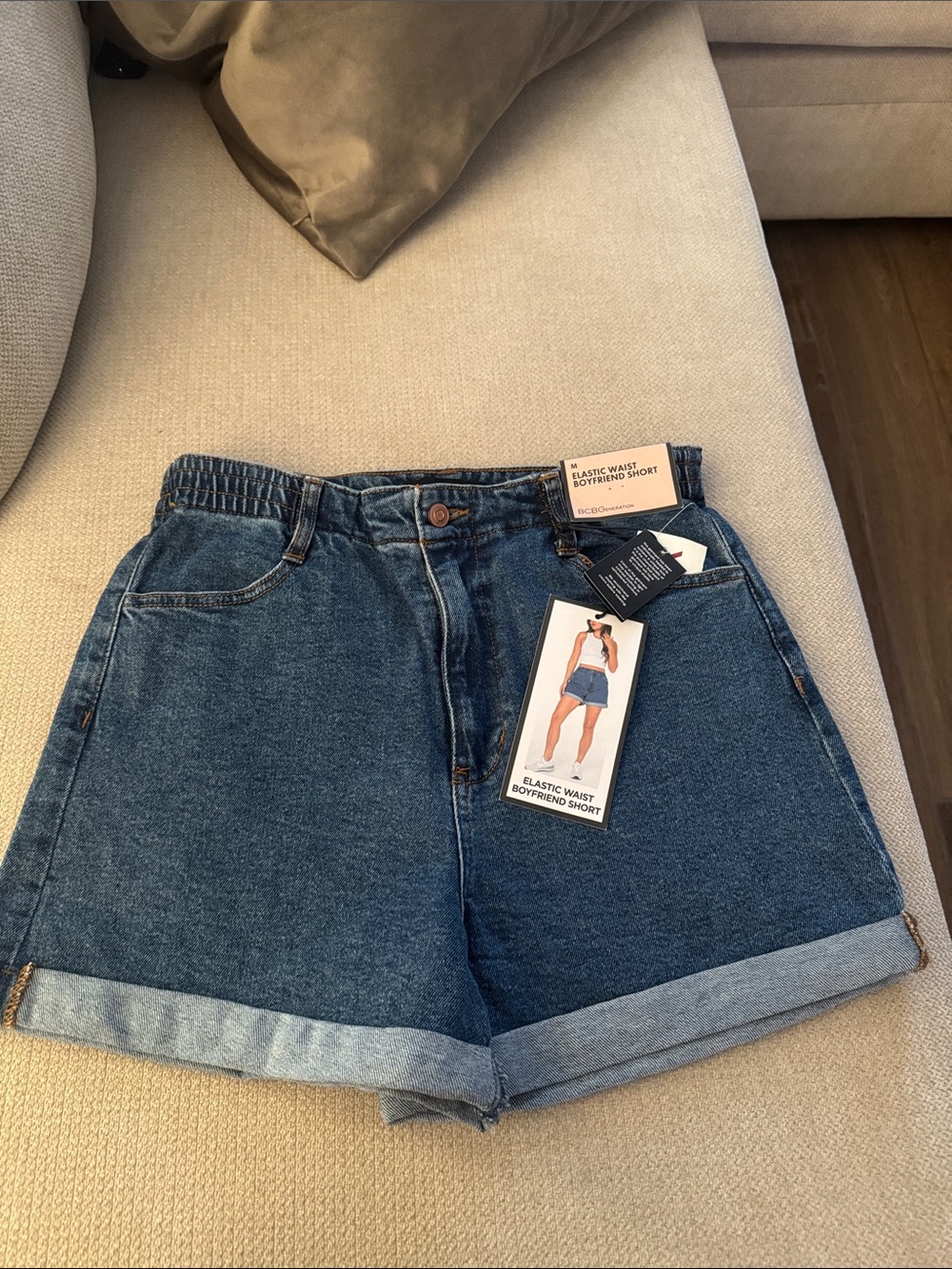 BCBGeneration Elastic Waist Boyfriend Denim Shorts - Blue